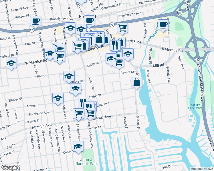 map of restaurants, bars, coffee shops, grocery stores, and more near 214 Church Street in Freeport
