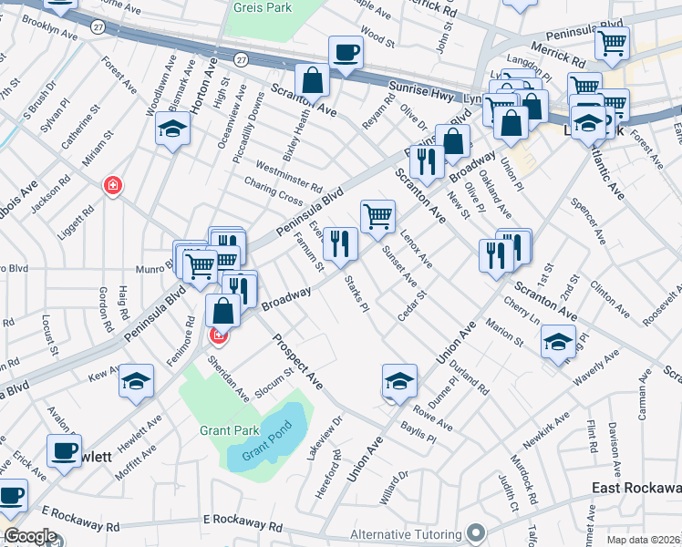 map of restaurants, bars, coffee shops, grocery stores, and more near 2A Duryea Place in Lynbrook