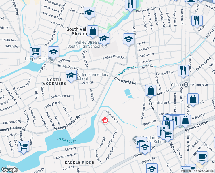 map of restaurants, bars, coffee shops, grocery stores, and more near 221 Hungry Harbor Road in Valley Stream