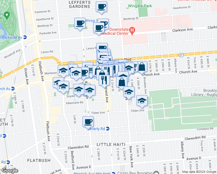 map of restaurants, bars, coffee shops, grocery stores, and more near 29 East 31st Street in Brooklyn