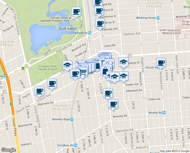 map of restaurants, bars, coffee shops, grocery stores, and more near 2010 Church Avenue in Brooklyn