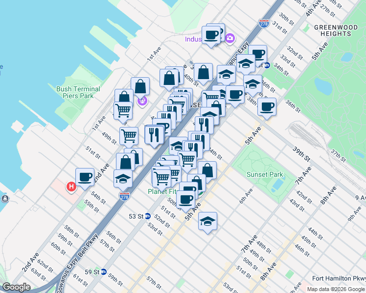map of restaurants, bars, coffee shops, grocery stores, and more near 318 45th Street in Brooklyn