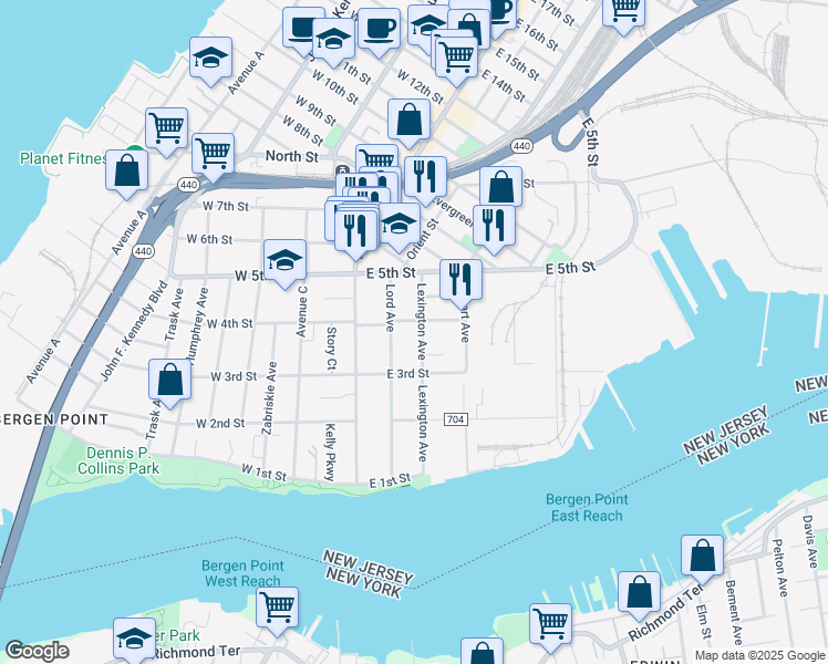 map of restaurants, bars, coffee shops, grocery stores, and more near 114 Lexington Avenue in Bayonne