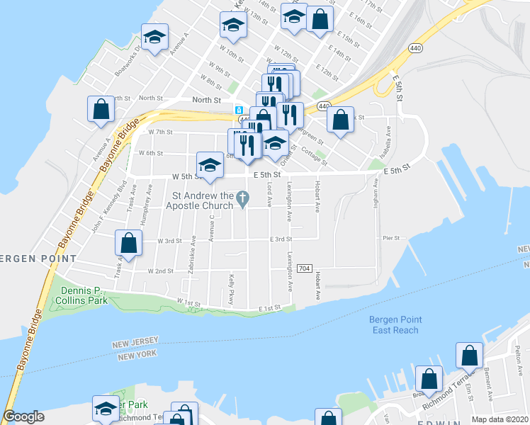map of restaurants, bars, coffee shops, grocery stores, and more near 116 Lord Avenue in Bayonne
