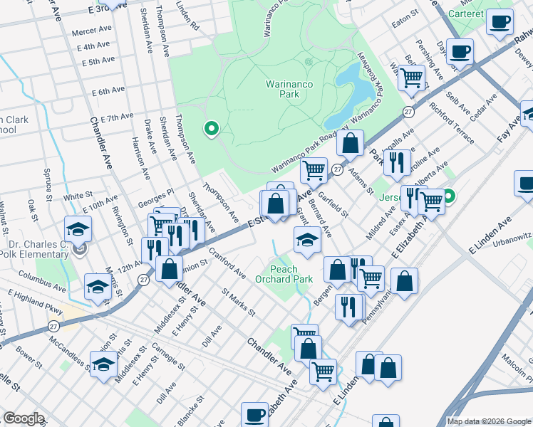 map of restaurants, bars, coffee shops, grocery stores, and more near 5A Carolyn Terrace in Roselle