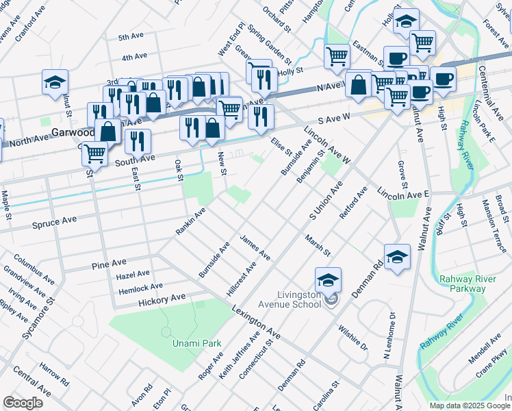 map of restaurants, bars, coffee shops, grocery stores, and more near 68 Burnside Avenue in Cranford
