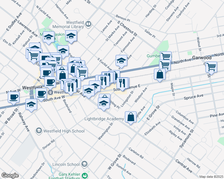 map of restaurants, bars, coffee shops, grocery stores, and more near 335 South Avenue East in Westfield