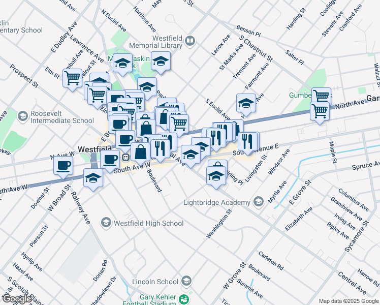 map of restaurants, bars, coffee shops, grocery stores, and more near 401 South Elmer Street in Westfield