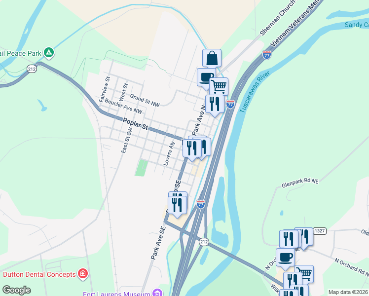 map of restaurants, bars, coffee shops, grocery stores, and more near 108 Park Avenue South in Bolivar
