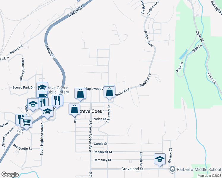 map of restaurants, bars, coffee shops, grocery stores, and more near 447 Maplewood Avenue in Creve Coeur