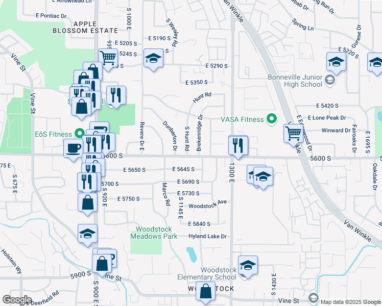 map of restaurants, bars, coffee shops, grocery stores, and more near 5587 South Hunt Road in Salt Lake City