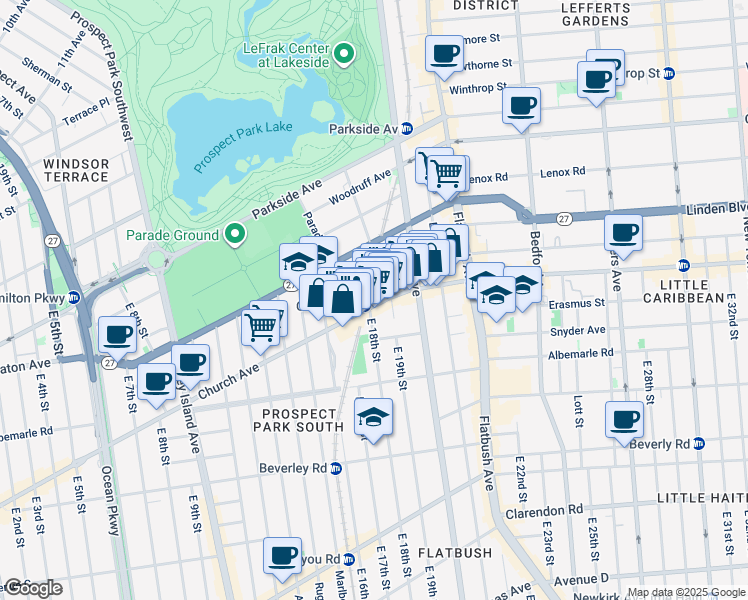 map of restaurants, bars, coffee shops, grocery stores, and more near 1807 Church Avenue in Brooklyn