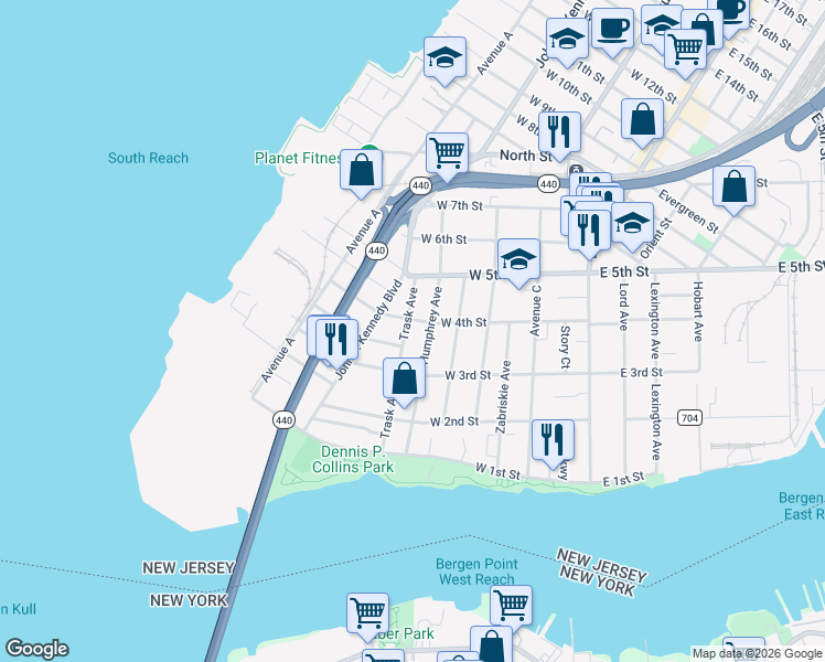 map of restaurants, bars, coffee shops, grocery stores, and more near 111 West 4th Street in Bayonne
