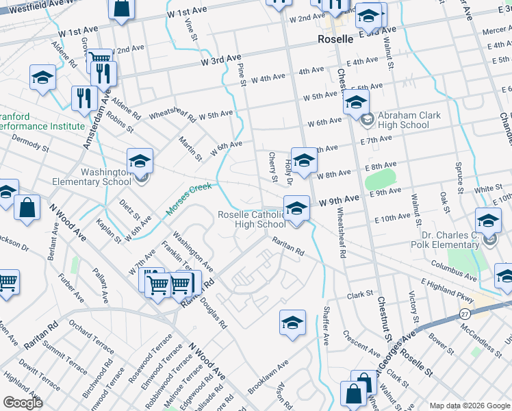 map of restaurants, bars, coffee shops, grocery stores, and more near 30 Westbrook Court in Roselle