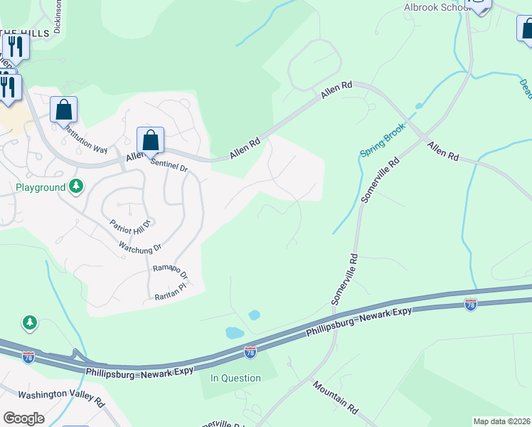 map of restaurants, bars, coffee shops, grocery stores, and more near 1 Shadowbrook Lane in Basking Ridge