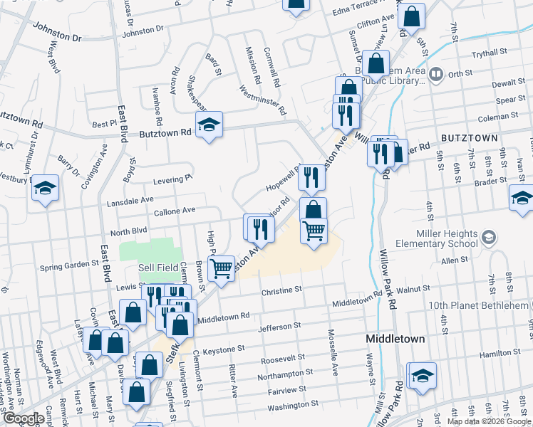 map of restaurants, bars, coffee shops, grocery stores, and more near 1929 Windsor Place in Bethlehem