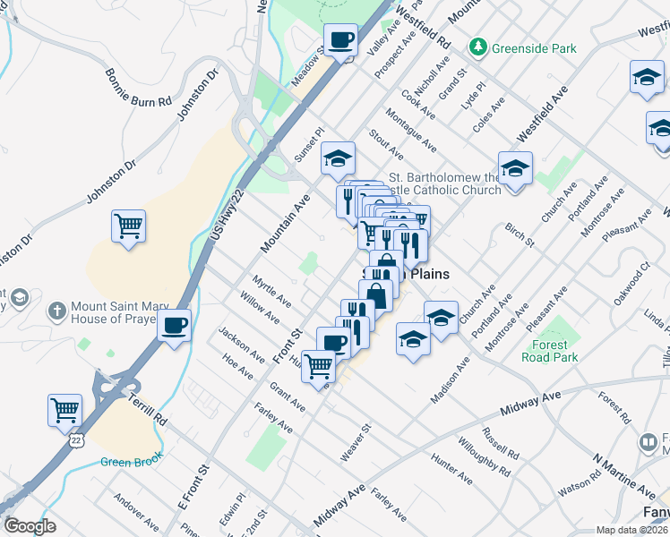 map of restaurants, bars, coffee shops, grocery stores, and more near 1801 Front Street in Scotch Plains