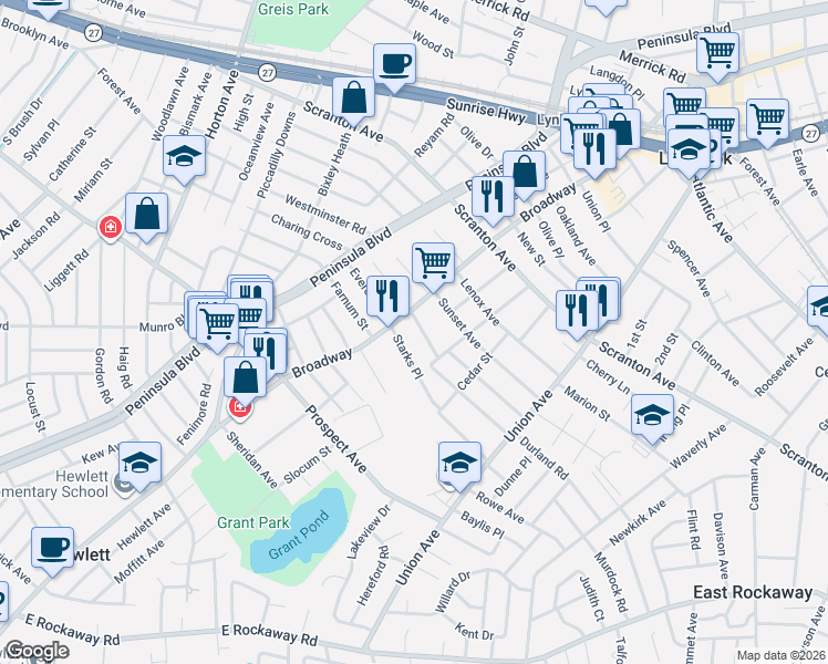 map of restaurants, bars, coffee shops, grocery stores, and more near 2A Duryea Place in Lynbrook