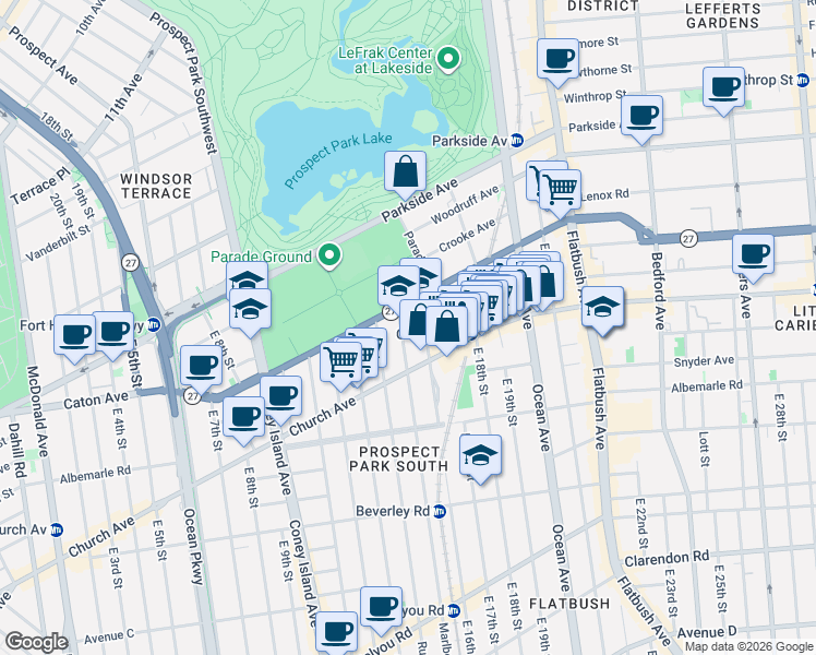 map of restaurants, bars, coffee shops, grocery stores, and more near 21 East 16th Street in Brooklyn