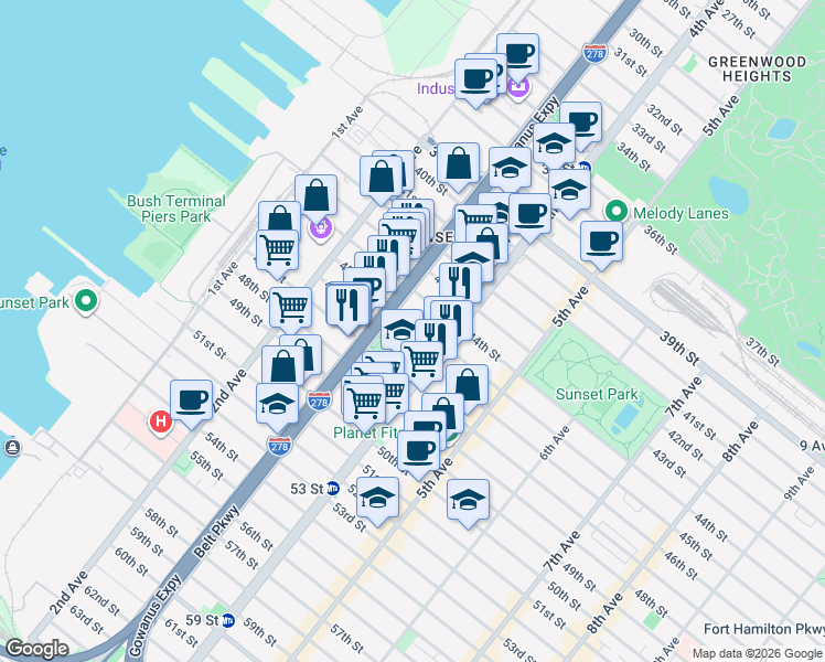 map of restaurants, bars, coffee shops, grocery stores, and more near 318 45th Street in Brooklyn