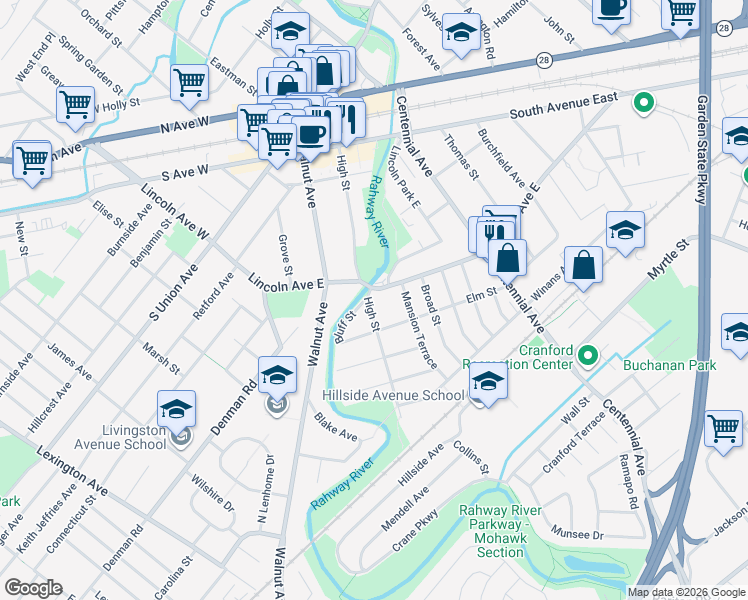 map of restaurants, bars, coffee shops, grocery stores, and more near 346 Lincoln Avenue East in Cranford