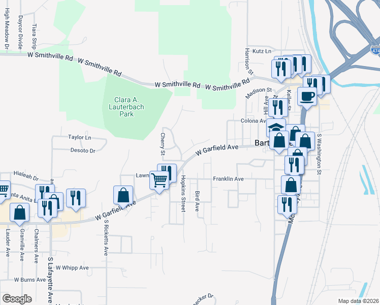 map of restaurants, bars, coffee shops, grocery stores, and more near 4 Lauterbach Drive in Bartonville