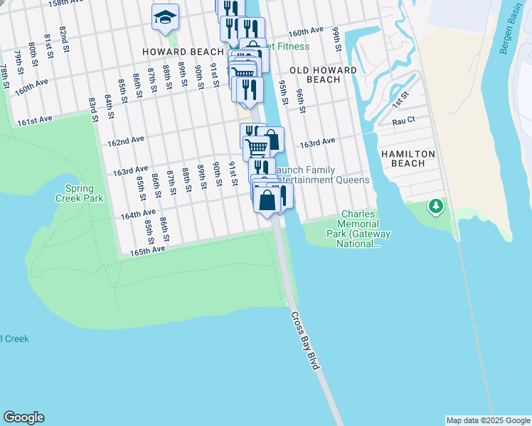map of restaurants, bars, coffee shops, grocery stores, and more near 164-33 Cross Bay Boulevard in Queens