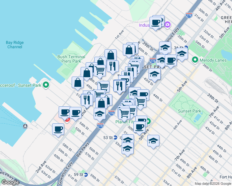 map of restaurants, bars, coffee shops, grocery stores, and more near 238 47th Street in Brooklyn