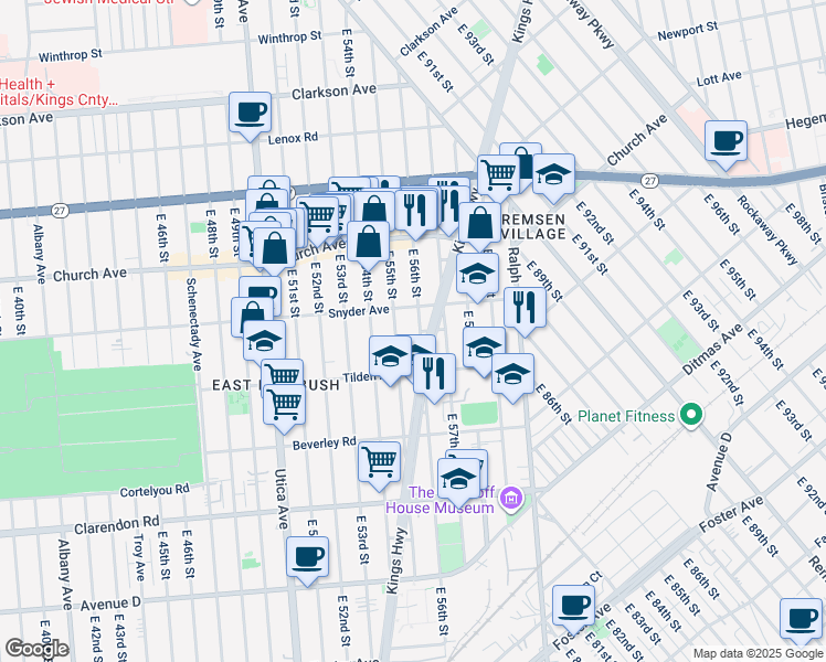 map of restaurants, bars, coffee shops, grocery stores, and more near 290 East 56th Street in Brooklyn