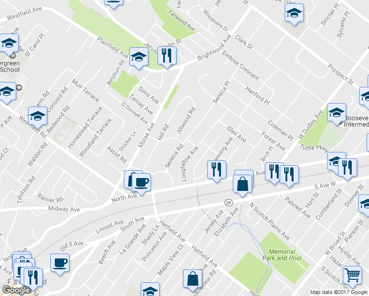 map of restaurants, bars, coffee shops, grocery stores, and more near 2386 Seneca Road in Scotch Plains