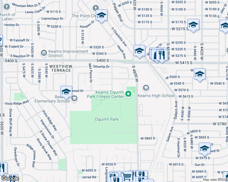 map of restaurants, bars, coffee shops, grocery stores, and more near 5585 South Morning Breeze Drive in Kearns