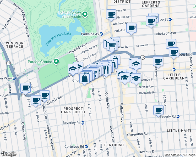map of restaurants, bars, coffee shops, grocery stores, and more near 1 East 19th Street in Brooklyn