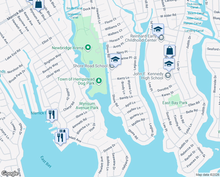map of restaurants, bars, coffee shops, grocery stores, and more near 2864 Shore Road in Bellmore