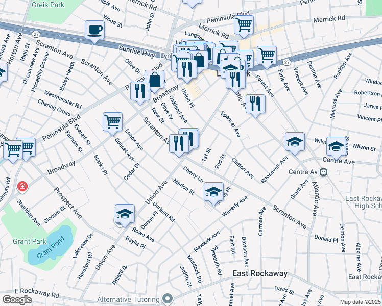 map of restaurants, bars, coffee shops, grocery stores, and more near 142 Union Avenue in Lynbrook