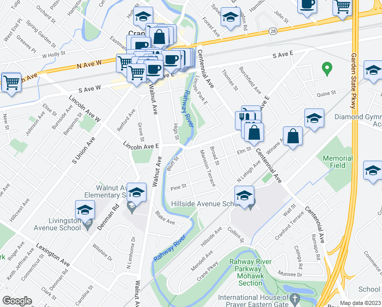 map of restaurants, bars, coffee shops, grocery stores, and more near 346 Lincoln Avenue East in Cranford