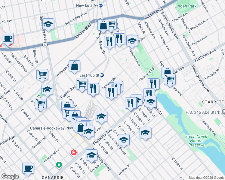 map of restaurants, bars, coffee shops, grocery stores, and more near 632 East 105th Street in Brooklyn