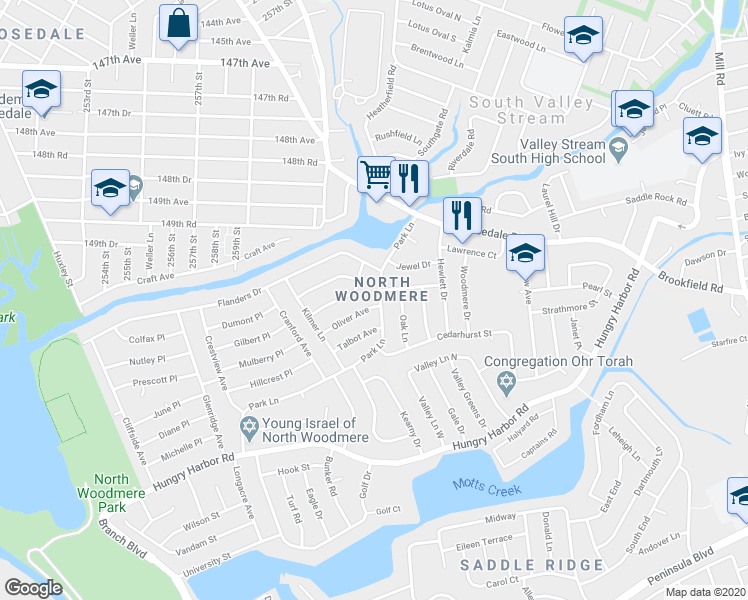 map of restaurants, bars, coffee shops, grocery stores, and more near 903 Park Lane in Valley Stream