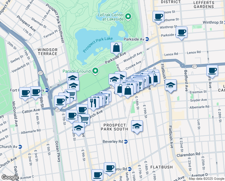 map of restaurants, bars, coffee shops, grocery stores, and more near 18 Marlborough Road in Brooklyn