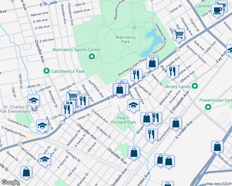map of restaurants, bars, coffee shops, grocery stores, and more near 30 Carolyn Terrace in Roselle