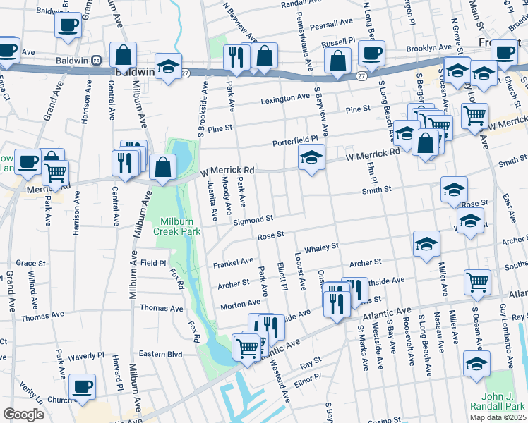 map of restaurants, bars, coffee shops, grocery stores, and more near 193 Sweezy Avenue in Freeport