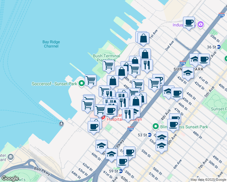 map of restaurants, bars, coffee shops, grocery stores, and more near 5005 1st Avenue in Brooklyn