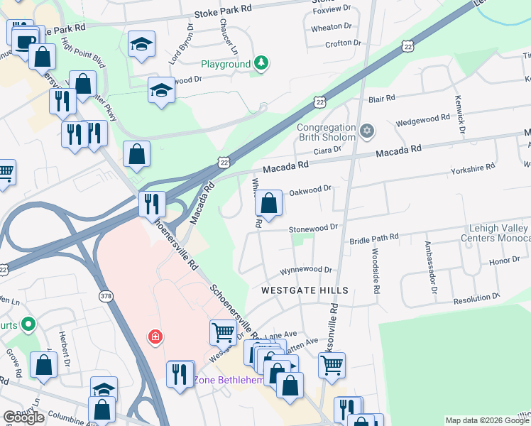 map of restaurants, bars, coffee shops, grocery stores, and more near 2860 Whitewood Road in Bethlehem