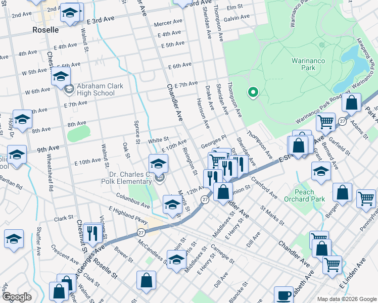 map of restaurants, bars, coffee shops, grocery stores, and more near 1000 Rivington Street in Roselle