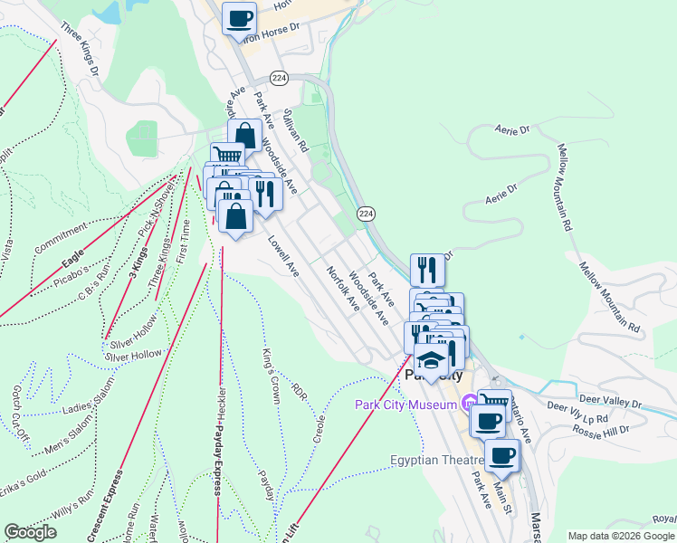 map of restaurants, bars, coffee shops, grocery stores, and more near 1127 Woodside Avenue in Park City