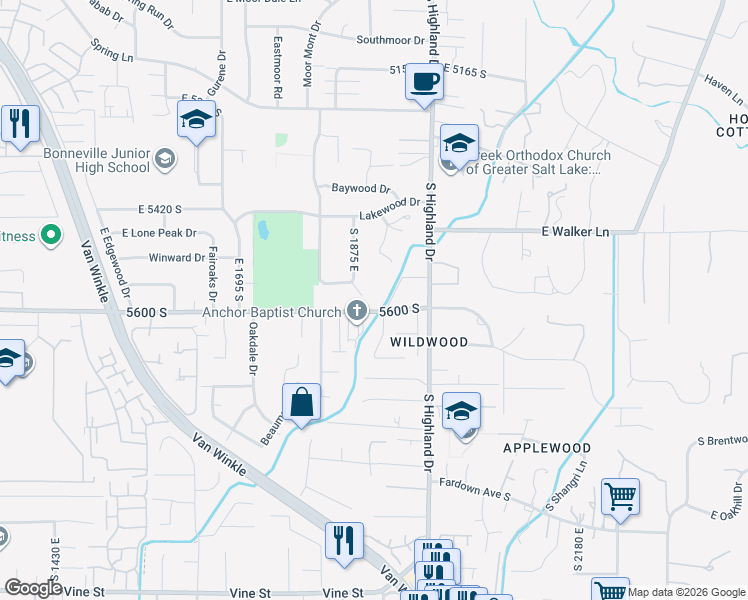 map of restaurants, bars, coffee shops, grocery stores, and more near 5575 Merlyn Circle in Holladay