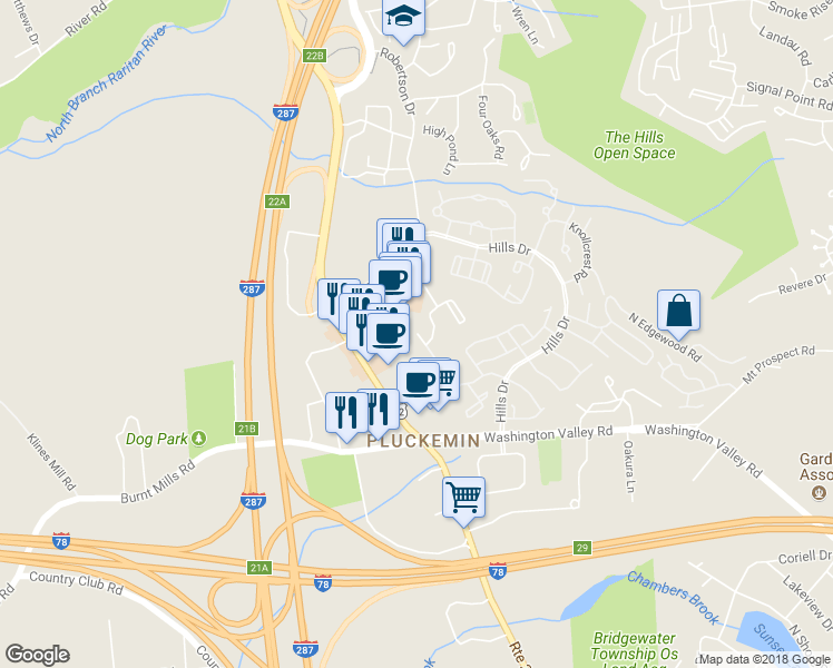 map of restaurants, bars, coffee shops, grocery stores, and more near Mountain Court in Bedminster Township