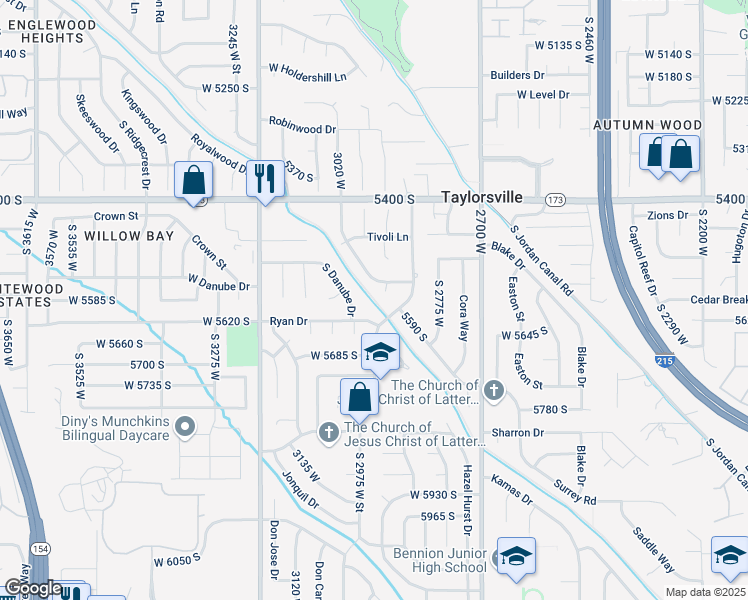 map of restaurants, bars, coffee shops, grocery stores, and more near 3552 West 5585 South in Salt Lake City