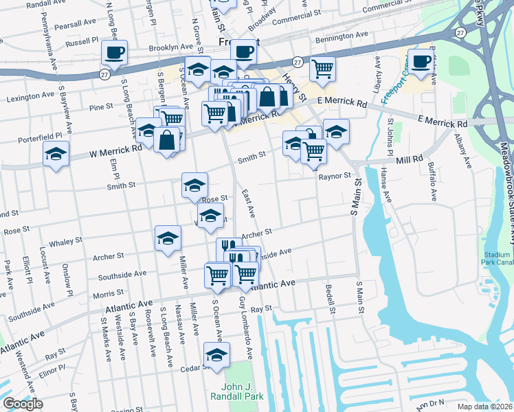 map of restaurants, bars, coffee shops, grocery stores, and more near 39 East Avenue in Freeport