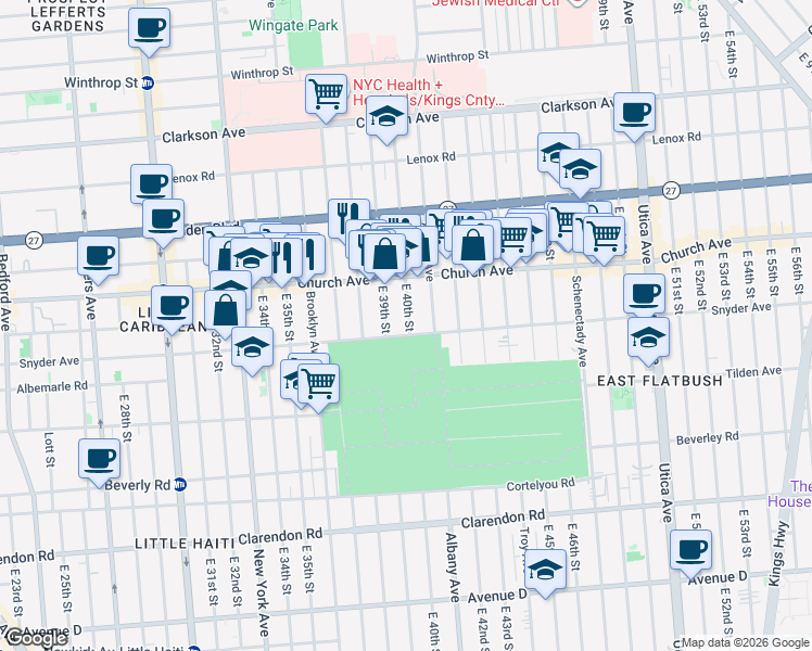 map of restaurants, bars, coffee shops, grocery stores, and more near 289 East 40th Street in Brooklyn