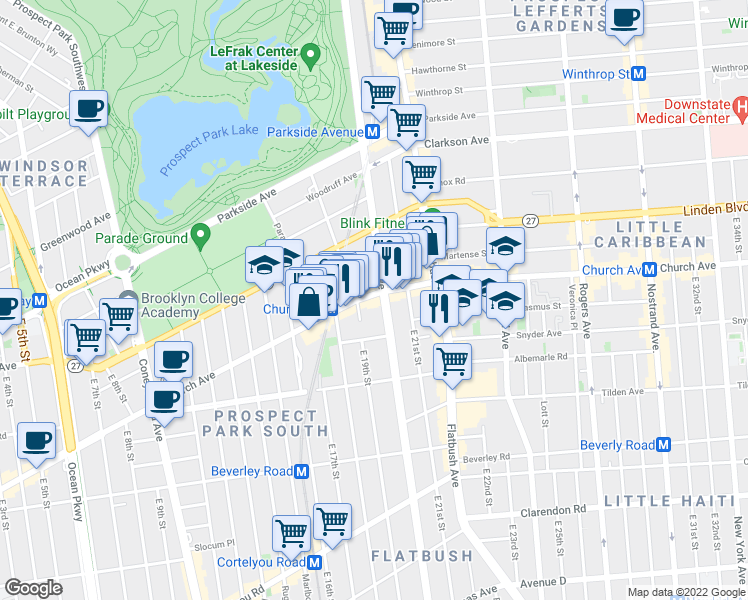 map of restaurants, bars, coffee shops, grocery stores, and more near 1911 Church Avenue in Brooklyn